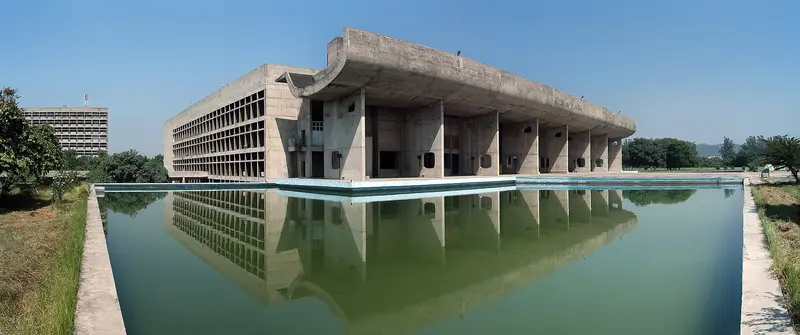 Le Corbusier's Palace of Assembly in Chandigarh, reflected in its pool